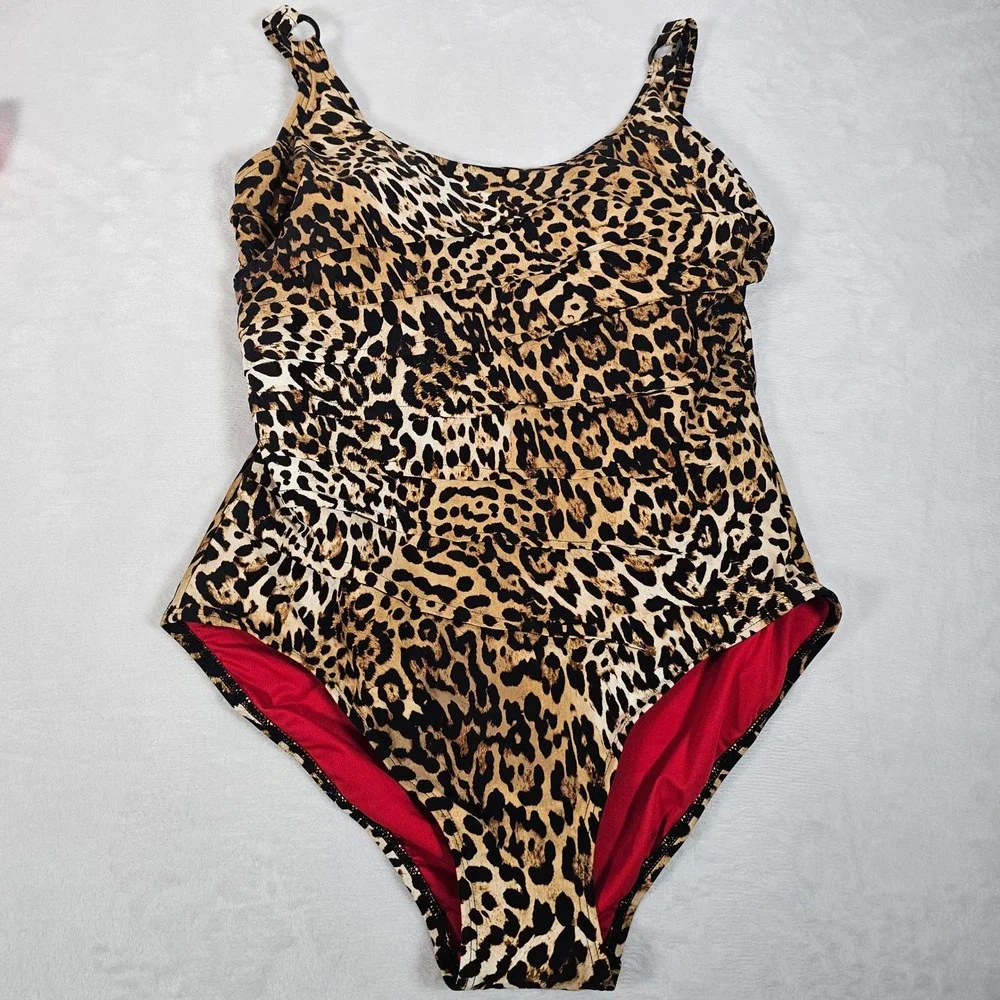 DKNY Leopard Print One Piece Swimsuit Womens Tiered Ruffle Brown XL - Picture 1 of 5